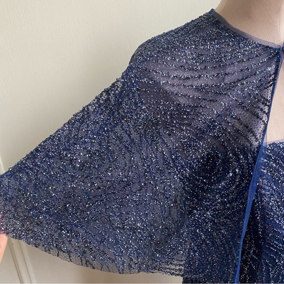 Marchesa Notte Navy Sequin Gown with Cape - Picture 6 of 16